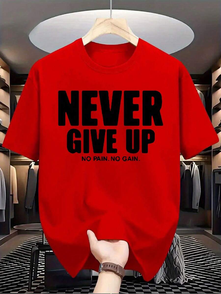 Popular  Men's Short Sleeve Shirts Never Give Up Letter Pattern Print Casual Summer Tops, Men's Fashion Casual Round Neck Short Sleeve, Suitable For Daily Wear And Various Occasions. Roomy And Comfortable - Màu đỏ - Xem 1