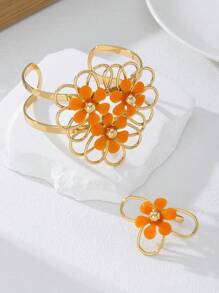 1 Set de joyería con flor en color vino tinto brillante para mujer, anillo y pulsera populares para fiestas y fotografía callejera