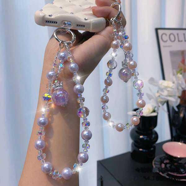 Pendentif à perles de couronne, support de téléphone portable, pendentif de coque de téléphone premium pour femme, bracelet à perles, style court, support de poignet de niche