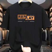 2025 REPLAY Print Men'S Casual Short Sleeve T-Shirt Cotton Crew Neck Tee Breathable & Stretchy Regular Fit All-Season Wear Women - 黑色 - 查看 1