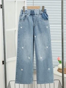 Jeans a vita alta e gamba ampia con ricamo a cuore per donne e ragazze, design in vita elastico, stile casual da campus con semplice maglietta bianca, adatto per scuola, strada, appuntamenti, attività all'aperto, uso quotidiano