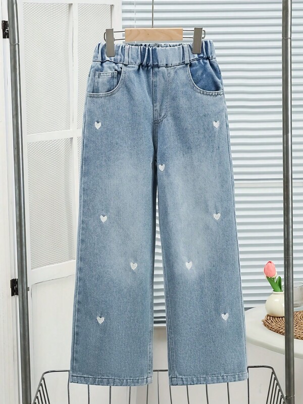 Women's & Girls' Loose Fit Wide Leg Jeans With Heart Embroidery, Elastic Waist Design, Casual Campus Style With Simple White Tee, Suitable For School, Street, Date, Outdoor Activities, Daily Wear