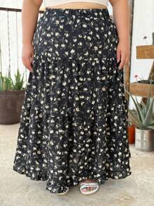 Truni Plus Size Women Elegant Floral Print Skirt Maxi Vacation Beach Outfit