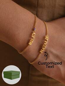 1pc Simple And Fashionable Bracelet, NK Chain With Letter Cutting Custom Jewelry, 12 Birthstones To Choose From, Daily Wear Simple Style, Name, Text, Word Bracelet, Fashionable Gold Jewelry, 18k Gold Electroplated Stainless Steel Jewelry, Including Gift Box, As A Gift, Valentine's Day, Daily Gift. - Multicolor - View 1