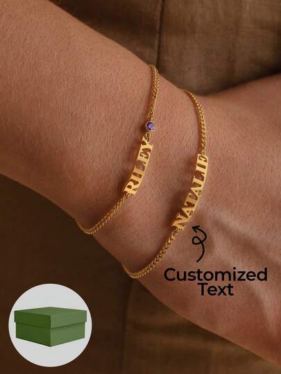 1pc Simple And Fashionable Bracelet, NK Chain With Letter Cutting Custom Jewelry, 12 Birthstones To Choose From, Daily Wear Simple Style, Name, Text, Word Bracelet, Fashionable Gold Jewelry, 18k Gold Electroplated Stainless Steel Jewelry, Including Gift Box, As A Gift, Valentine's Day, Daily Gift.