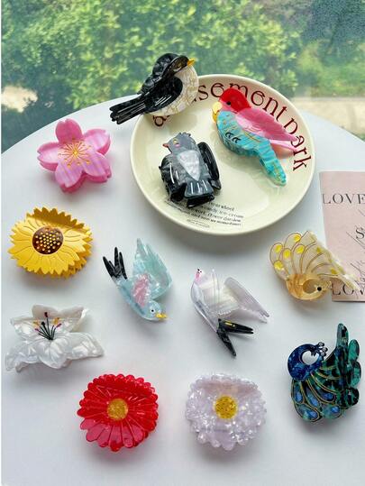 鸟与花系列发夹，小众设计鹦鹉醋酸纤维发夹，卡通拼布鸟发夹，创意可爱大雏菊醋酸纤维发夹，向日葵发夹，可爱甜美花朵发髻发夹，高品质水钻发夹