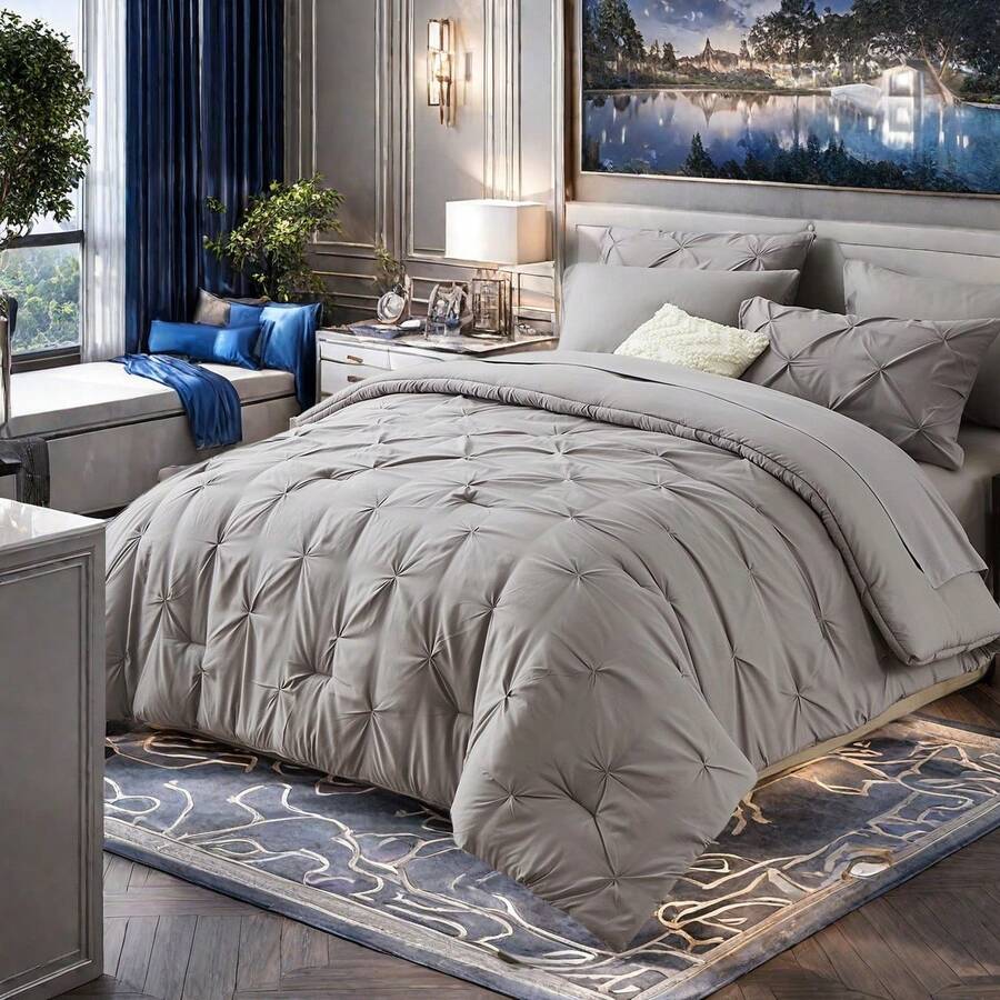 7 Pieces (Full/Queen/King) Elegant Bed In A Bag Comforter Set, Twin(5 Pieces),Stylish Solid Comforter, Soft Microfiber, Comfortable And Warm, Cloud-Like Soft Bedding Set, Bedroom Decor For Spring/Summer/Autumn/Winter, Ideal Gift - Xám - Xem 1
