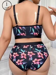Plus Size Floral Print Lace Patchwork Lingerie Set