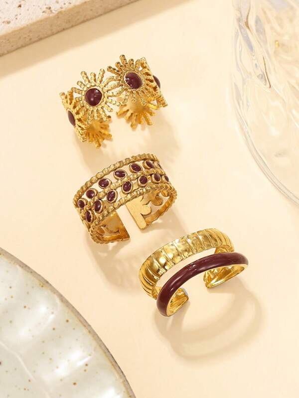 Set de 3 anillos de acero inoxidable minimalistas con gota de aceite marrón, adecuados para uso diario de mujeres o como regalo