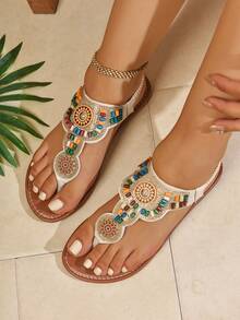 Latest Bohemian Style Roman Flat Sandals, Brown Toe Post Women Flat Sandals - Beige - View 3