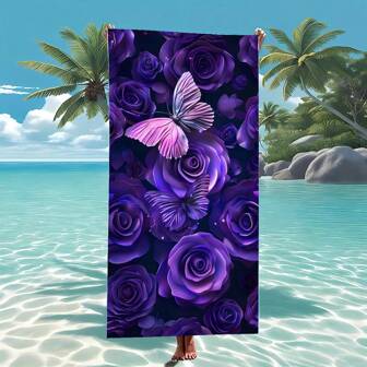 1 pièce Serviette de plage imprimée de fleurs violettes et de papillons, super douce, à séchage rapide et absorbante. Convient pour la natation, les vacances, les voyages, le camping en plein air - indispensable pour la plage