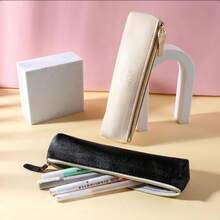 1/2 Hộp đựng bút chì bằng da PU, Hộp đựng bút chì màu trơn, Thiết kế thời trang, Chất liệu mềm mại, Phù hợp cho học sinh, Túi đựng cọ trang điểm, Hộp đựng văn phòng phẩm, Hộp đựng bút chì, Bốn màu để lựa chọn - Nhiều màu - Xem 10