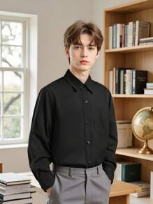 Boys And Teenagers Black Long Sleeve Formal Shirt, Classic Dress Shirt For School Opening, Graduation, Performance, Party, Holiday