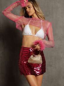 Feather Rhinestone Crop Top - 玫紅色 - 查看 5