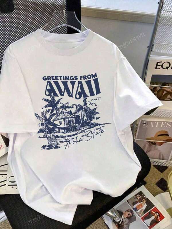 Women's Summer Letter Pattern Printed Round Neck Short Sleeve Simple Beach Casual Daily T-Shirt Tops Cute Tops Women's Summer Tops Women's Summer Hawaii Beach Tops