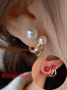 2pcs Faux Pearl Earrings, Can Be Worn As Studs Or Dangle Earrings, Modern Design Ladies' Accessories, Vintage Style Ear Jewelry With Geometric Rhinestone & Pearl Ring Decoration