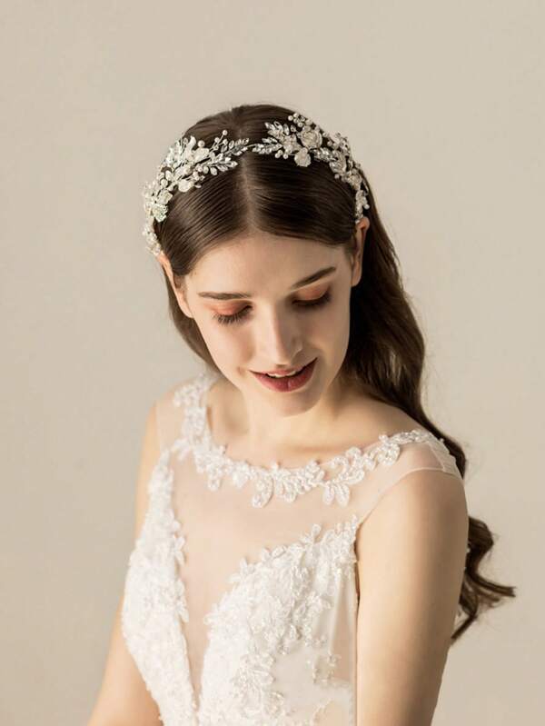 1pc Women's Alloy Pearl & Rhinestone Leaf Circular Wedding Headband