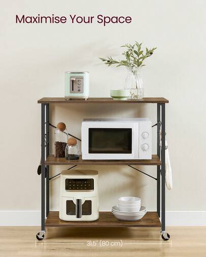 Kitchen Shelf On Wheels, Serving Trolley With 3 Shelves, 80x40x89cm