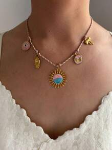 Monlansher Neues original rosa mehrteiliges Bohemien-Stil Damen Halskette mit Elementen wie Hand, Sonnenblume, Schleife, Auge, Schmetterling Anhänger, handgefertigte emaillierte Glasur, modisch elegant für Lässig, Urlaub, Party und Alltag