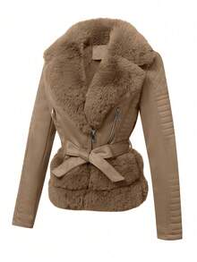 Risissida Ladies' Elegant Faux Fur Collar Short Jacket With Adjustable Waist And Bonus Belt - Perfect For Autumn And Winter - Brown - View 5