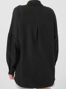 Basic Oversized Casual Button Front Shirt, Solid Color - Black - View 3