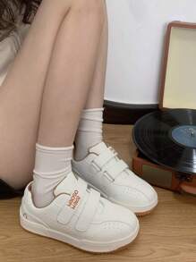 女士白色运动鞋春季新款时尚魔术贴运动休闲鞋复古百搭厚底鞋 - 卡其色 - 查看 2