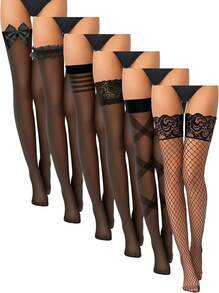 Janmercy 6 Pairs Thigh High Stockings Fishnet Stockings Lace Top Fishnet Lingerie Over The Knee Fish Net Stocking Tights High (Classic Style) - 白色 - 查看 1