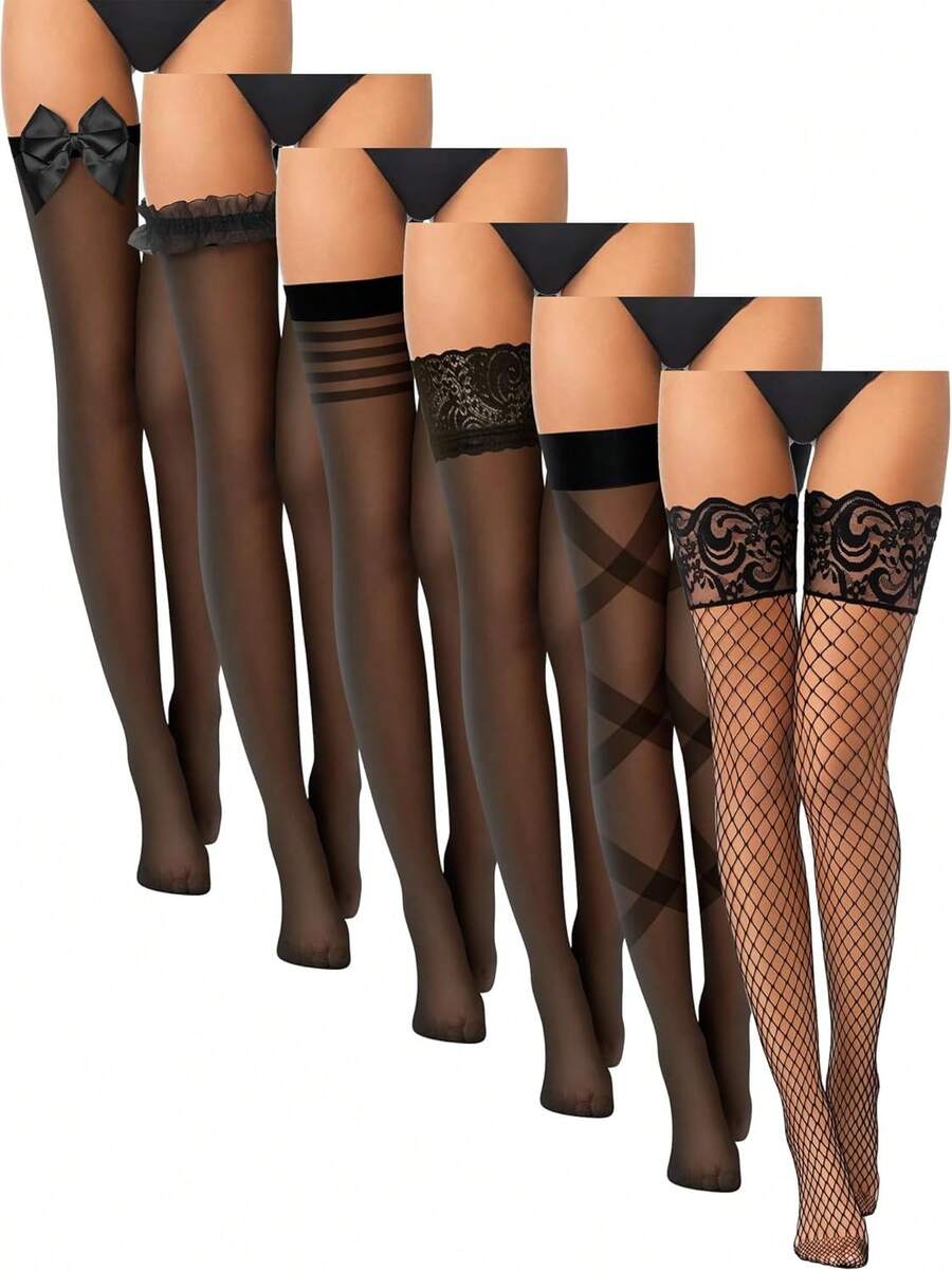 Janmercy 6 Pairs Thigh High Stockings Fishnet Stockings Lace Top Fishnet Lingerie Over The Knee Fish Net Stocking Tights High (Classic Style) - 白色 - 查看 1