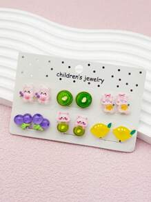 12 pièces/set Boucles d'oreilles clip mignonnes d'animaux et de fruits sans douleur pour filles, accessoires de bijoux en résine de bande dessinée mignonne, port quotidien