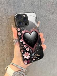 1 pieza Funda de teléfono de vidrio templado con diseño de corazón negro y brillo floral y de hoja rosa, compatible con iPhone 16 Pro Max/15/14 Plus/13/12/11/XR/8 Plus, Galaxy S25/S24/S23 Ultra/S22/S20, A53/A52/A15/A16/A04S