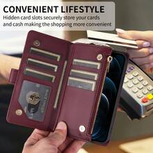 Luxury Wallet Fashion Double Button Small Fragrant Wind With Zipper Card Slot Photo Frame Kickstand Function Magnetism Flip PU Artificial Leather Case Compatible With Samsung Galaxy ForiPhone, Soft Silicone With Hand Strap Business Shockproof Protective Cover Waterproof Anti-Fall Scratch Resistant Full Cover - Burgundy - View 7