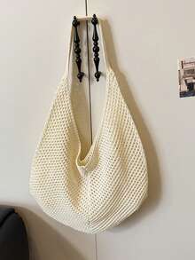 Yogodlns 时尚女士镂空编织单肩包大容量针织腋下包纯色钩针托特包夏季网眼沙滩包休闲大容量棉织包镂空设计单肩包女旅行度假沙滩包 - 米色 - 查看 9