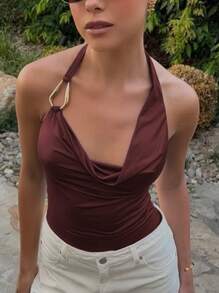 Maglietta donna sexy alla moda, con collo ad aletta, tinta unita, stile casuale, estivo, per strada, festa, vacanza, uscita notturna, crop top