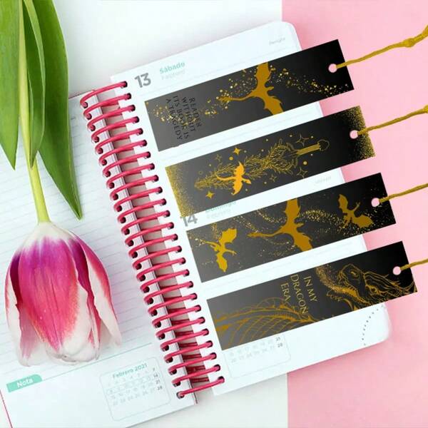 4pcs Golden Dragon Pattern PET Bookmarks, Delicate Waterproof, Practical, Unique Design, Add Fun To Reading, Perfect Gift For Family And Friends (Random Color Tassels) School Supplies, Back To School