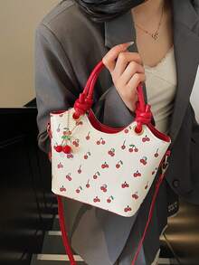 Bolso de hombro tipo cubo mini con estampado de cerezas, adecuado para chicas en verano para ir al trabajo, compras, fotografía de bodas, festivales, bolso de mujer popular - Rojo - Ver 3