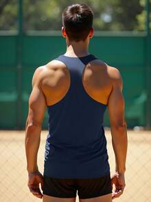 1pc Dark Blue Simple Printed Summer Men's Sportswear, Comfortable Sleeveless Round Neck Fitness Clothes, Suitable For Running, Various Fitness Activities, Outdoor Sports, And Casual Outings - Navy Blue - View 5