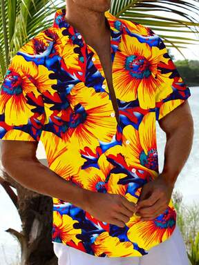 Chemise Aloha à manches courtes avec boutons et imprimé floral hawaïen pour homme grand format