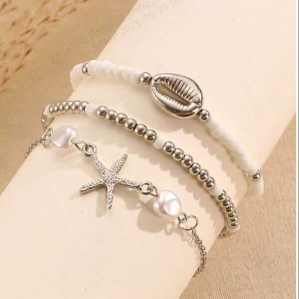 Set de 3 pulseras de estilo bohemio con decoración de estrella de mar y conchas con perlas, imprescindible del verano para mujeres