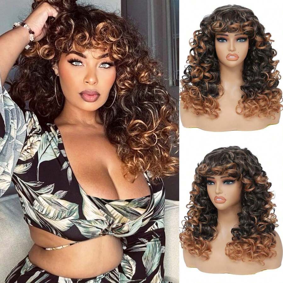 GKtineke-Curly-Wig Big-Curly-Wigs-For-Women 20 Inch- Long-Curly-Afro-Wig-With-Bangs Synthetic-Hair-Replacement-Wigs-For- Cosplay And Daily (Ombre Brown) - 漸層棕色 - 查看 1