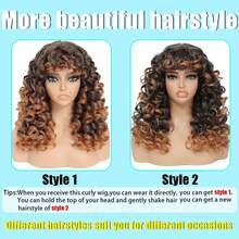 GKtineke-Curly-Wig Big-Curly-Wigs-For-Women 20 Inch- Long-Curly-Afro-Wig-With-Bangs Synthetic-Hair-Replacement-Wigs-For- Cosplay And Daily (Ombre Brown) - 漸層棕色 - 查看 5