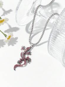 1 件时尚欧美复古独特嘻哈壁虎吊坠项链，全镶嵌水钻，适合男女休闲街头穿着 - 彩色 - 查看 2