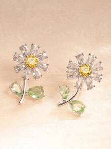 1 par de pendientes de botón con pequeñas flores de margarita brillantes, diseño único de aretes florales, regalo fresco para amigas