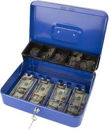 Caja de caudales con cerradura de combinación, caja de dinero con bandeja para efectivo, caja con llave, organizador de ahorro de dinero, 30 x 24 x 9 cm, azul extra grande - Cerradura de llave azul - Ver 2