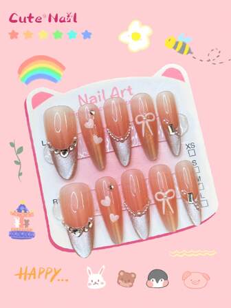 Sanrio 10Pcs Square Shape Purely Handmade Press On Nails Set DIY Nail Decoration Cute Girly Style Creative Cartoon Cute Holiday For Women & Girl 1Pc Mini Nail File & 1Sheet Adhesive Tabs Long Almond-Shaped False Nails, French Cat-Eye, Diamond-Encrusted, Pink Bow Design, Nail Tips, Nail Stickers