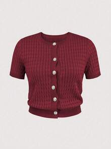 FOR BEAUTY Spring/Summer New Red Twist Flower Round Neck Button Short Sleeved Knitted Cardigan Tops, Simple Temperament, Commuting Style New Year Sweater Jacket - Red - View 6