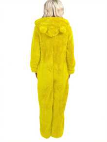 Women Thick Plush Sleeping Romper With Bear Ear Hat, Long Sleeve Zipper Hooded Jumpsuit For Autumn, Winter - 黃色 - 查看 1