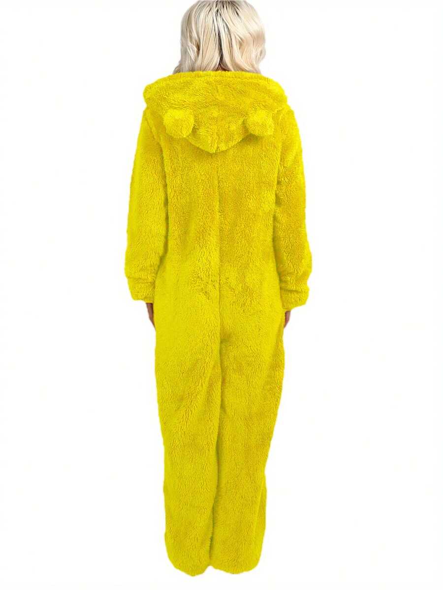 Women Thick Plush Sleeping Romper With Bear Ear Hat, Long Sleeve Zipper Hooded Jumpsuit For Autumn, Winter - 黃色 - 查看 1