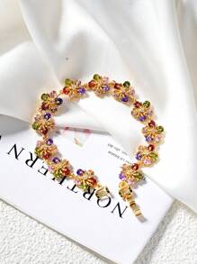 1pc Dopamine Colorful Zirconia Flower Bracelet.18K Gold Plated Multi-Color Zirconia Ladies Decorative Bracelet,Gorgeous And Colorful Fashion Summer Jewelry,Elegant Jewelry Gift.Suitable For Daily,Vacation,Party,Wedding,Gift,Valentine's Day Gift,Birthday Gift.