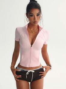 FWH Sommerunentbehrliche Jacke, Kurzarm mit Taschen, Bauch kontrollierend für Yoga/Straßenmode, büstenanhebend & taillierend, wandelbarer Kragen für Tag und Nacht, funktionell minimalistisch, zweite Haut Kompression, verstellbarer V-Kragen, 4-Wege Stretch Paneele, rutschfeste Reißverschlussschutz, Damen Jacke mit Naturgefühl im Crop-Look