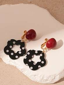 2 件复古撞色镂空波尔卡圆点花卉耳夹，时尚独特几何无穿孔耳环，女士珠宝配饰 - 紅色 - 查看 5